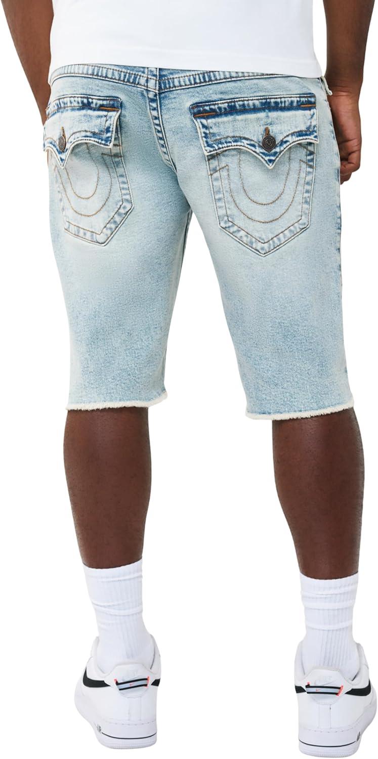 imageTrue Religion Mens Ricky Frayed Hem Denim Short Relaxed Fit RawCut Hem Horseshoe Detailing Playmaker Faded Indigo Lt Wash 30