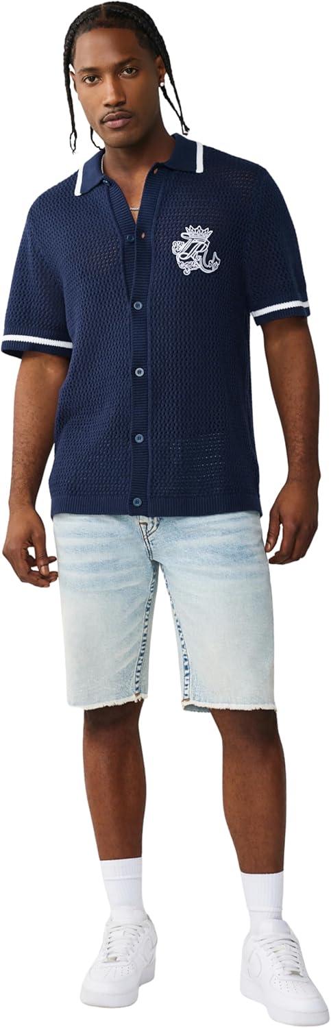 imageTrue Religion Mens Short Sleeve TR Crown Logo Knit Shirt Soft Cotton Classic Fit Logo Graphic