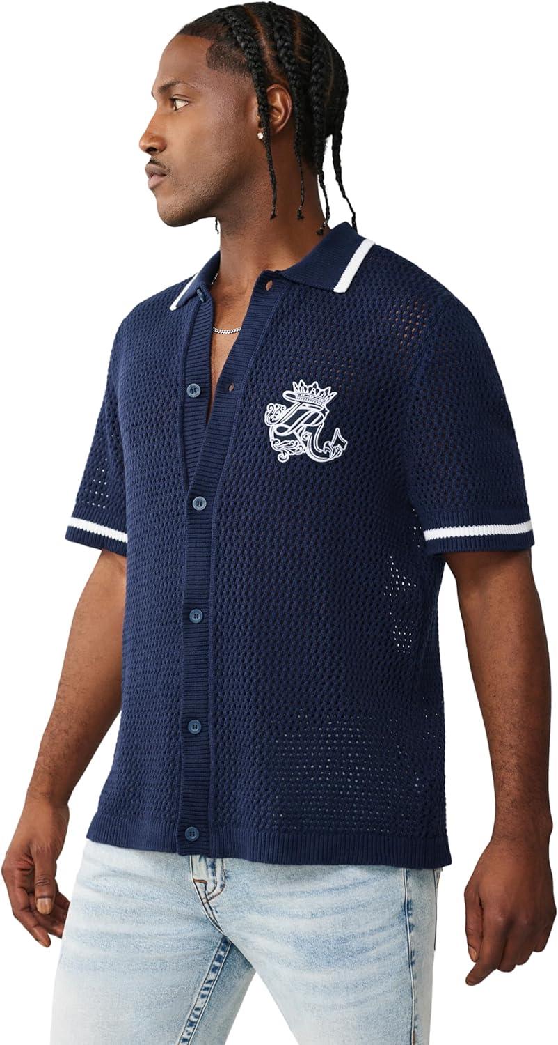 imageTrue Religion Mens Short Sleeve TR Crown Logo Knit Shirt Soft Cotton Classic Fit Logo Graphic
