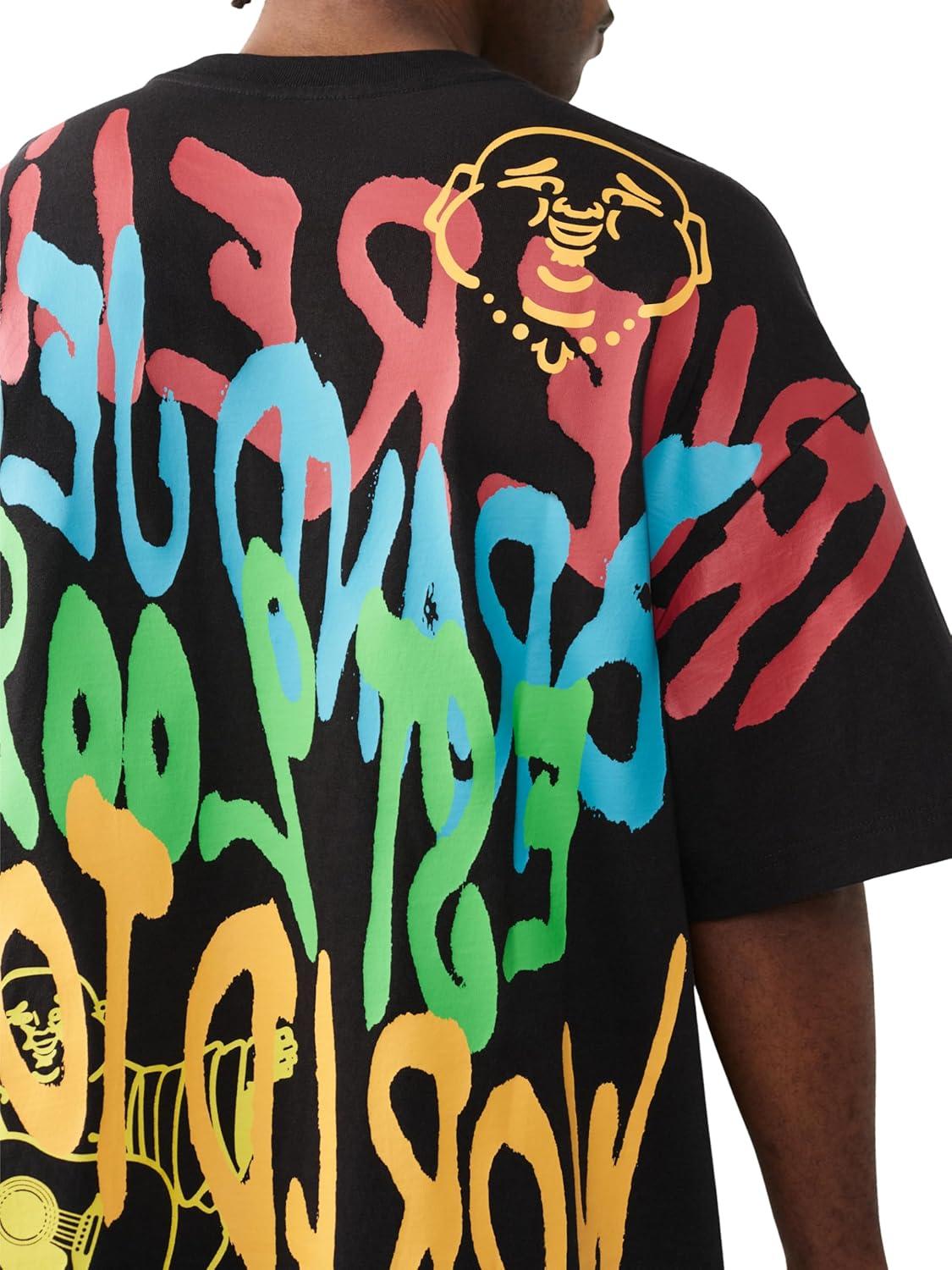 imageTrue Religion Mens TR Graffiti Graphic Relaxed Tee Crewneck Graphic Buddha Tour Design Vintage Chain StitchJet Black
