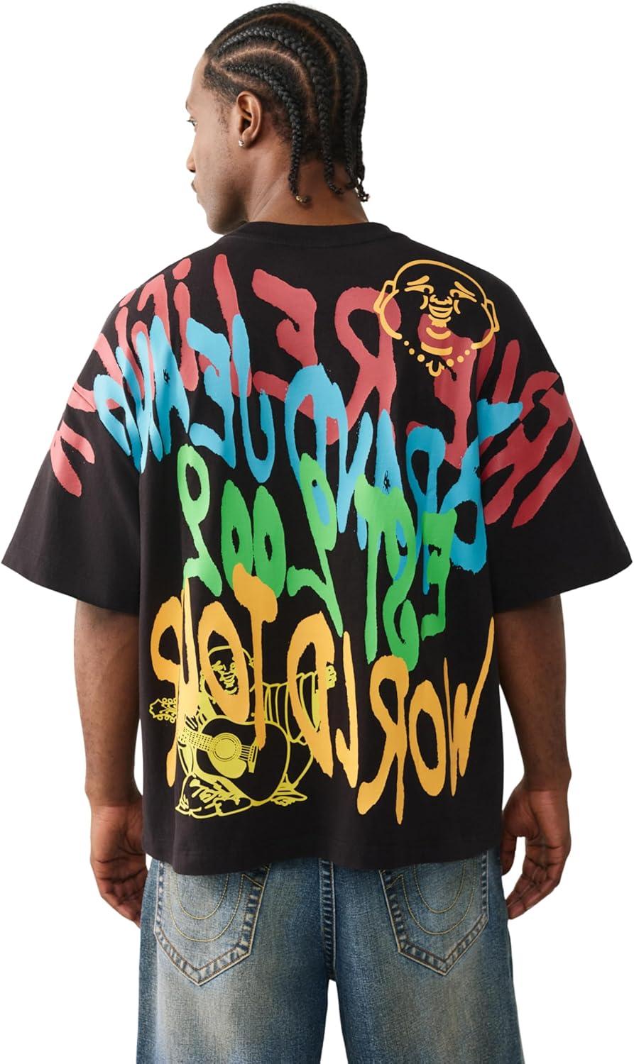 imageTrue Religion Mens TR Graffiti Graphic Relaxed Tee Crewneck Graphic Buddha Tour Design Vintage Chain StitchJet Black