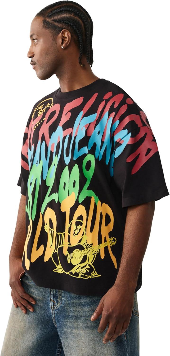 imageTrue Religion Mens TR Graffiti Graphic Relaxed Tee Crewneck Graphic Buddha Tour Design Vintage Chain StitchJet Black