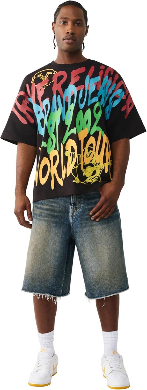 imageTrue Religion Mens TR Graffiti Graphic Relaxed Tee Crewneck Graphic Buddha Tour Design Vintage Chain StitchJet Black