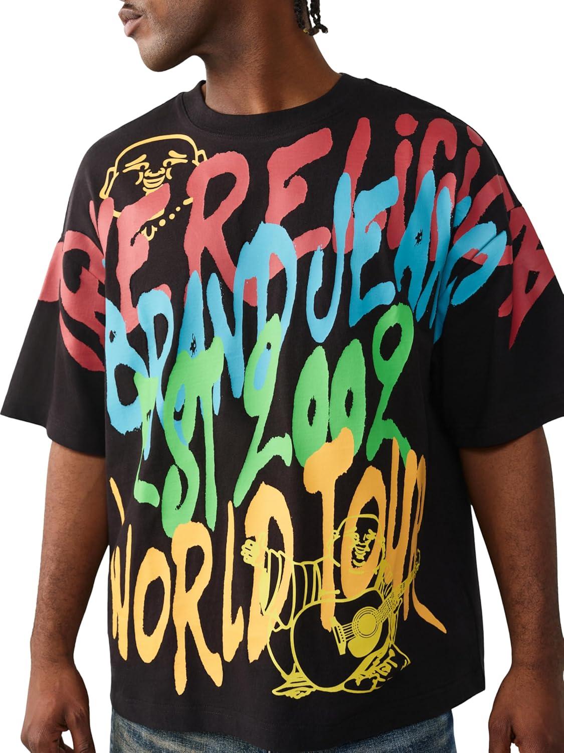 imageTrue Religion Mens TR Graffiti Graphic Relaxed Tee Crewneck Graphic Buddha Tour Design Vintage Chain StitchJet Black