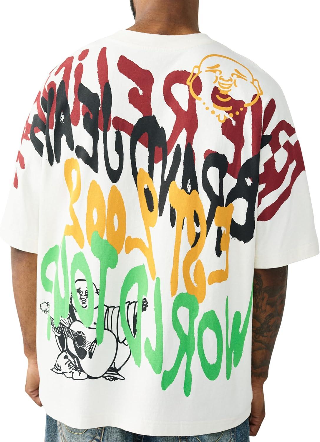 imageTrue Religion Mens TR Graffiti Graphic Relaxed Tee Crewneck Graphic Buddha Tour Design Vintage Chain StitchWinter White