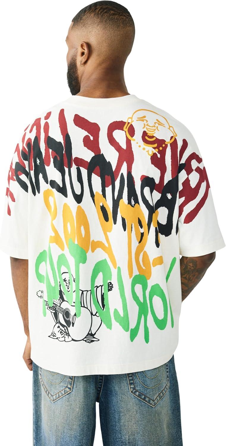 imageTrue Religion Mens TR Graffiti Graphic Relaxed Tee Crewneck Graphic Buddha Tour Design Vintage Chain StitchWinter White