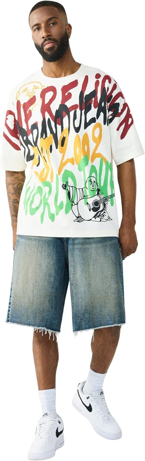 imageTrue Religion Mens TR Graffiti Graphic Relaxed Tee Crewneck Graphic Buddha Tour Design Vintage Chain StitchWinter White