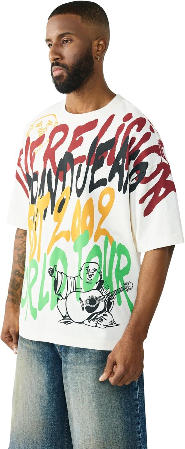 imageTrue Religion Mens TR Graffiti Graphic Relaxed Tee Crewneck Graphic Buddha Tour Design Vintage Chain StitchWinter White