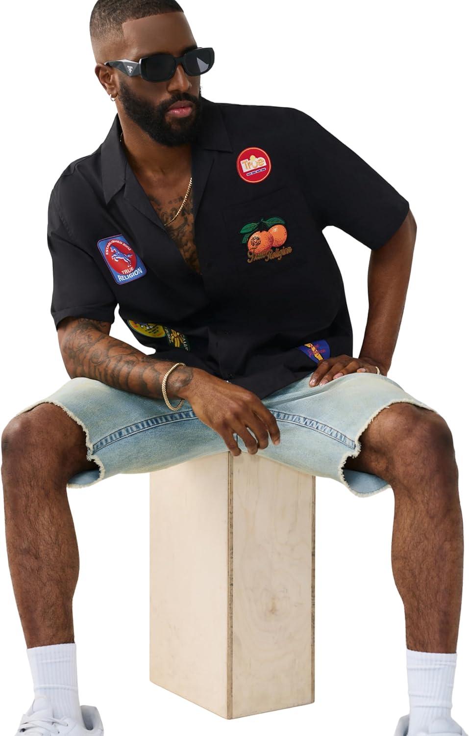 imageTrue Religion Mens Twill Embro Camp Shirt ButtonUp Camp Collar