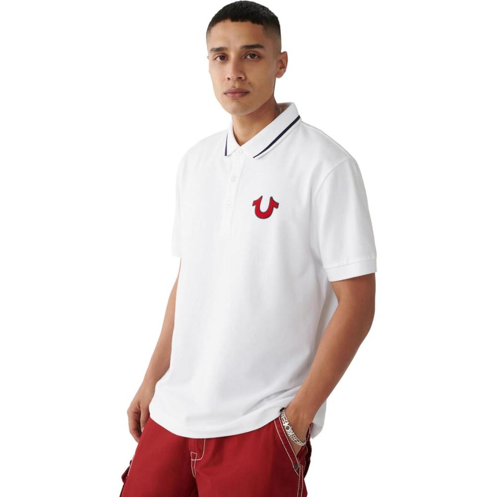 imageTrue Religion Mens JV7 Tipped Polo Short Sleeve Cut amp Sew Knit Polo Shirt with Contrast Trim amp LogoOptic White