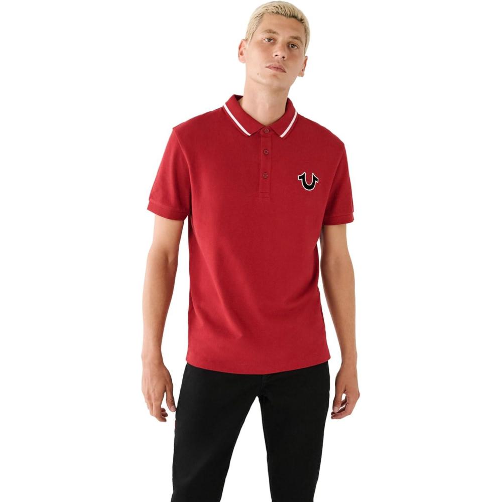 imageTrue Religion Mens JV7 Tipped Polo Short Sleeve Cut amp Sew Knit Polo Shirt with Contrast Trim amp LogoRed Dahlia
