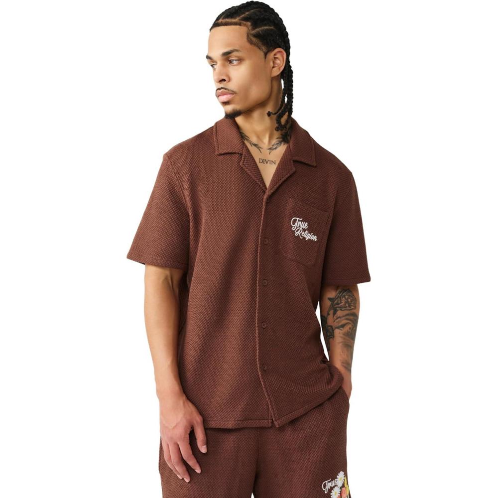 imageTrue Religion Mens Knit Logo Camp Collar Shirt Camp Collar ButtonUp Embroidered Logo