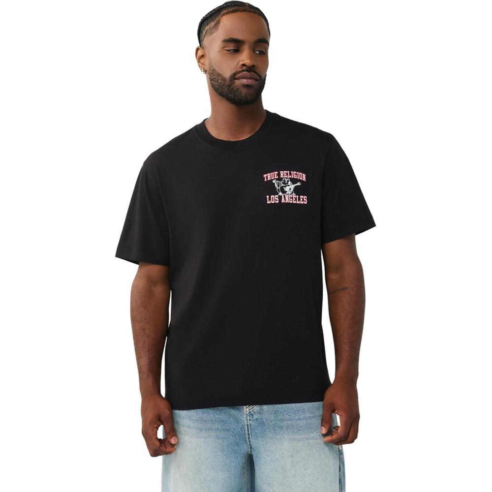 imageTrue Religion Mens Mesh Buddha Logo Tee Oversized Fit Graphic Print Crew NeckJet Black