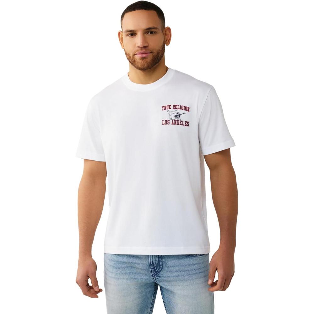 imageTrue Religion Mens Mesh Buddha Logo Tee Oversized Fit Graphic Print Crew NeckOptic White