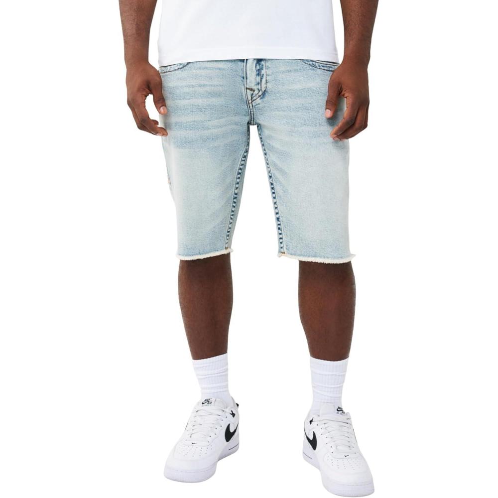 imageTrue Religion Mens Ricky Frayed Hem Denim Short Relaxed Fit RawCut Hem Horseshoe Detailing Playmaker Faded Indigo Lt Wash 27