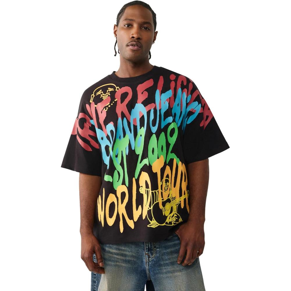 imageTrue Religion Mens TR Graffiti Graphic Relaxed Tee Crewneck Graphic Buddha Tour Design Vintage Chain StitchJet Black
