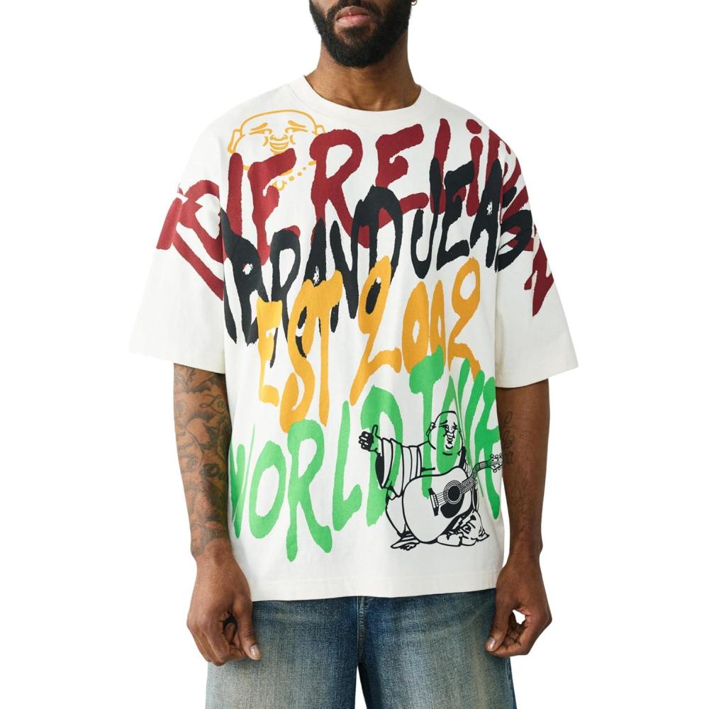 imageTrue Religion Mens TR Graffiti Graphic Relaxed Tee Crewneck Graphic Buddha Tour Design Vintage Chain StitchWinter White