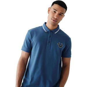 True Religion Men’s JV7 Tipped Polo – Short Sleeve Cut & Sew Knit Polo Shirt with Contrast Trim & Logo(Matte Navy)