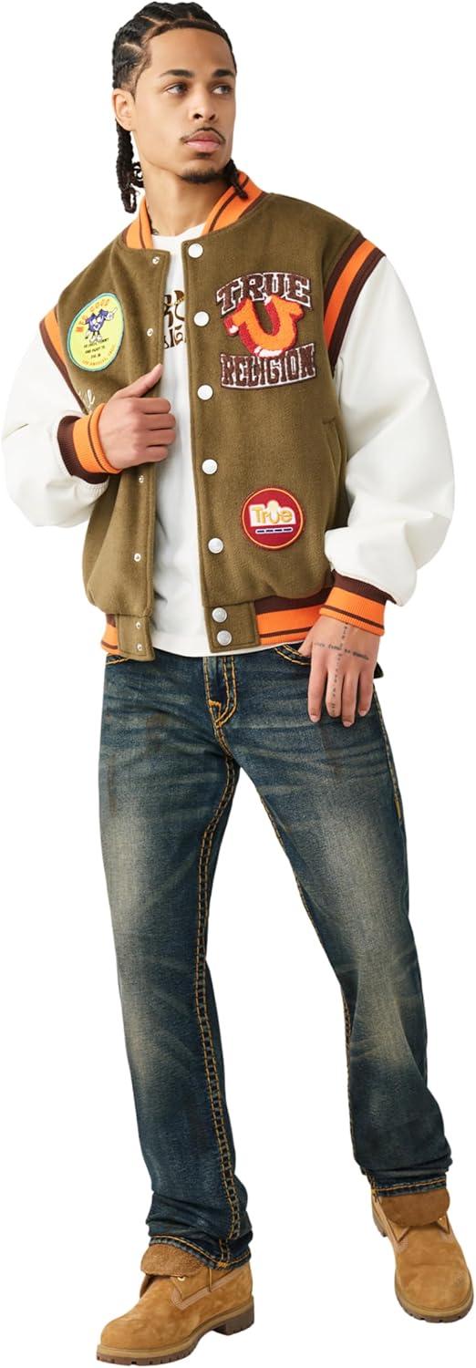 imageTrue Religion Mens Garden Logo Retro Varsity Jacket Faux Leather SnapFront Closure Striped Trim Detail