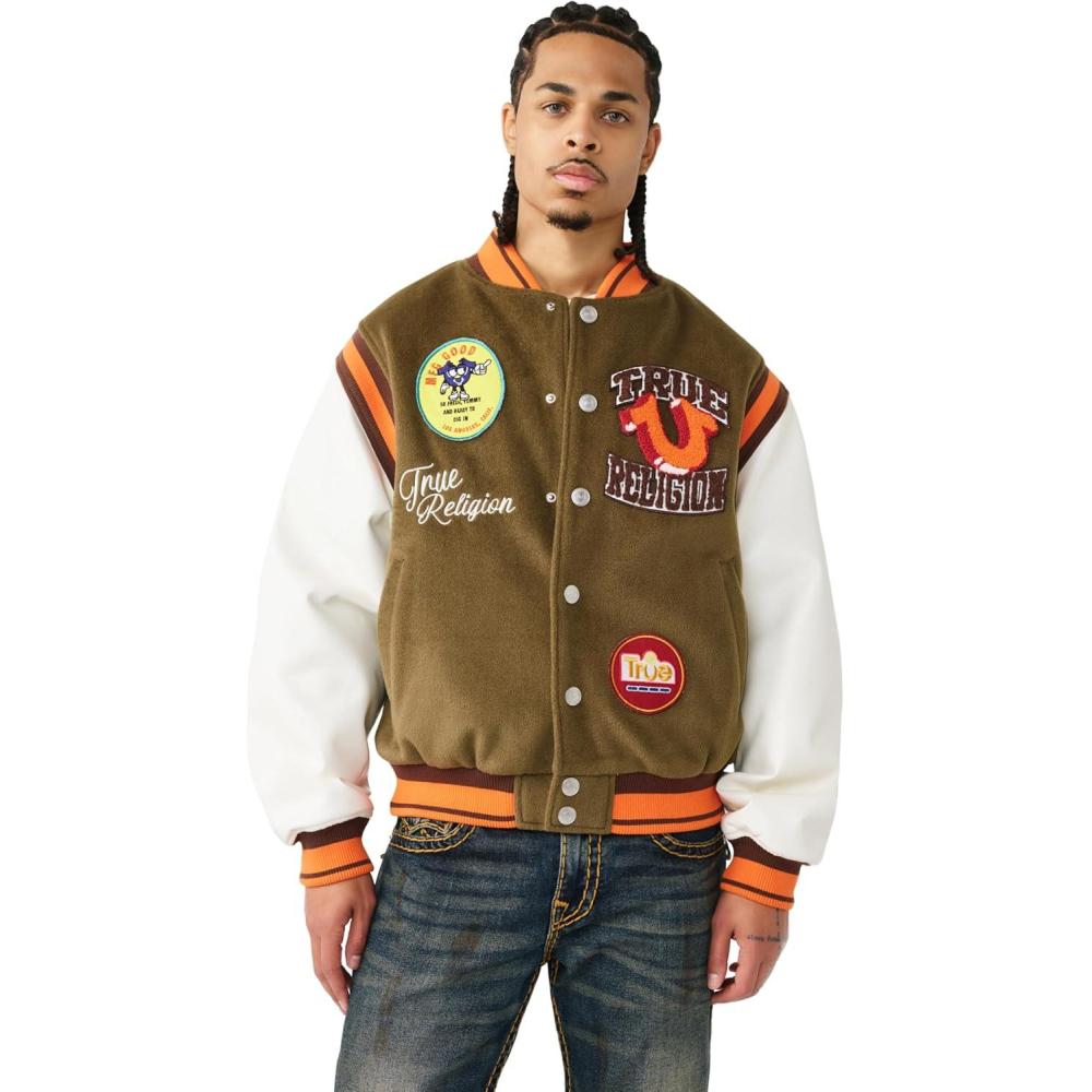 imageTrue Religion Mens Garden Logo Retro Varsity Jacket Faux Leather SnapFront Closure Striped Trim Detail