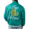 True Religion Men’s Satin Embroidered Bomber Jacket – Snap-Front, Varsity Trim, Embroidered Logo