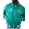 True Religion Men’s Satin Embroidered Bomber Jacket – Snap-Front, Varsity Trim, Embroidered Logo