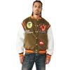 True Religion Men’s Garden Logo Retro Varsity Jacket – Faux Leather, Snap-Front Closure, Striped Trim Detail