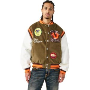 True Religion Men’s Garden Logo Retro Varsity Jacket – Faux Leather, Snap-Front Closure, Striped Trim Detail