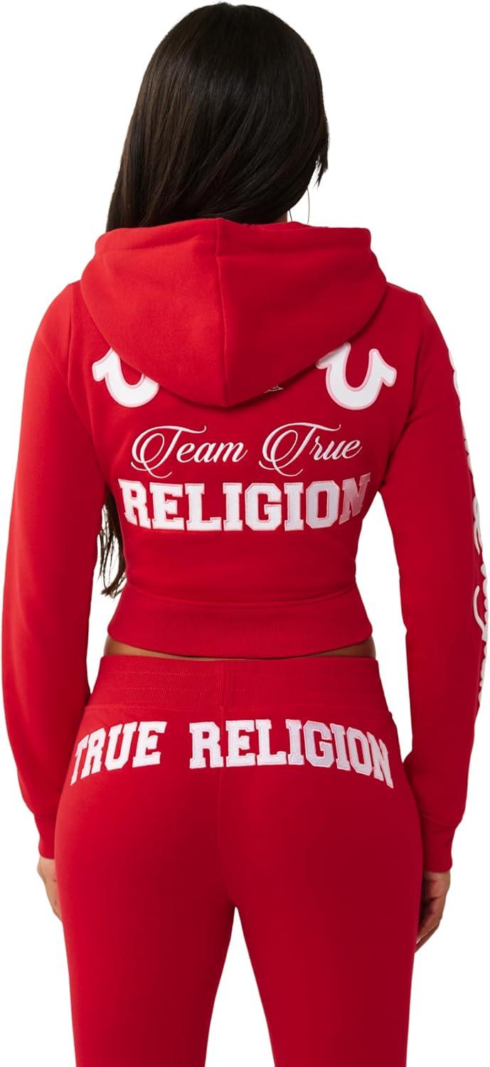 imageTrue Religion Womens Embroidered Shrunken Zip Hoodie Cropped Fit Ribbed Hem Embroidered Horseshoe LogoSalsa