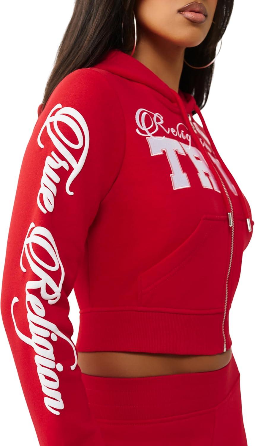 imageTrue Religion Womens Embroidered Shrunken Zip Hoodie Cropped Fit Ribbed Hem Embroidered Horseshoe LogoSalsa