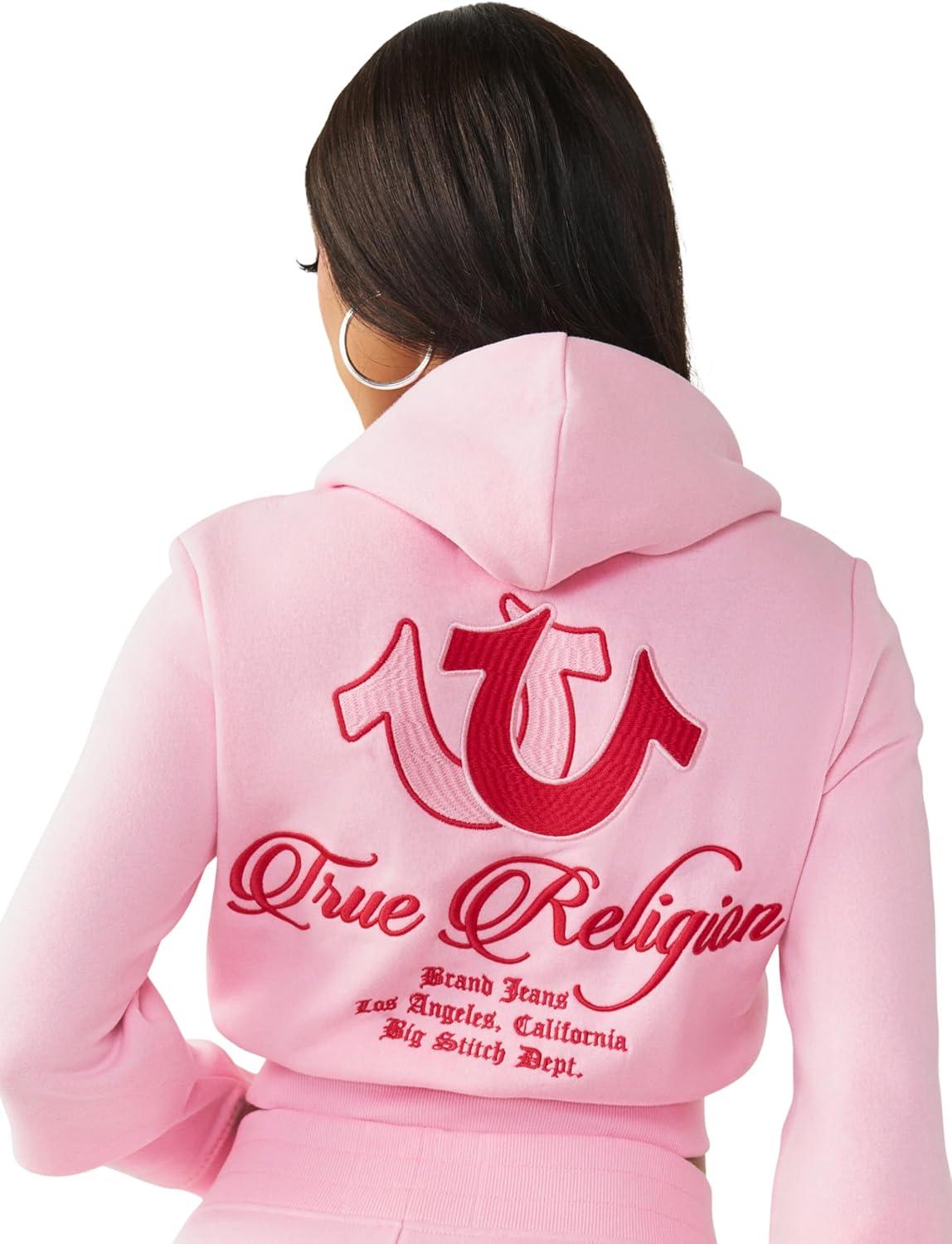 imageTrue Religion Womens Shrunken Big T Zip Hoodie Cropped Fit Split Pockets Horseshoe DetailingFairytale