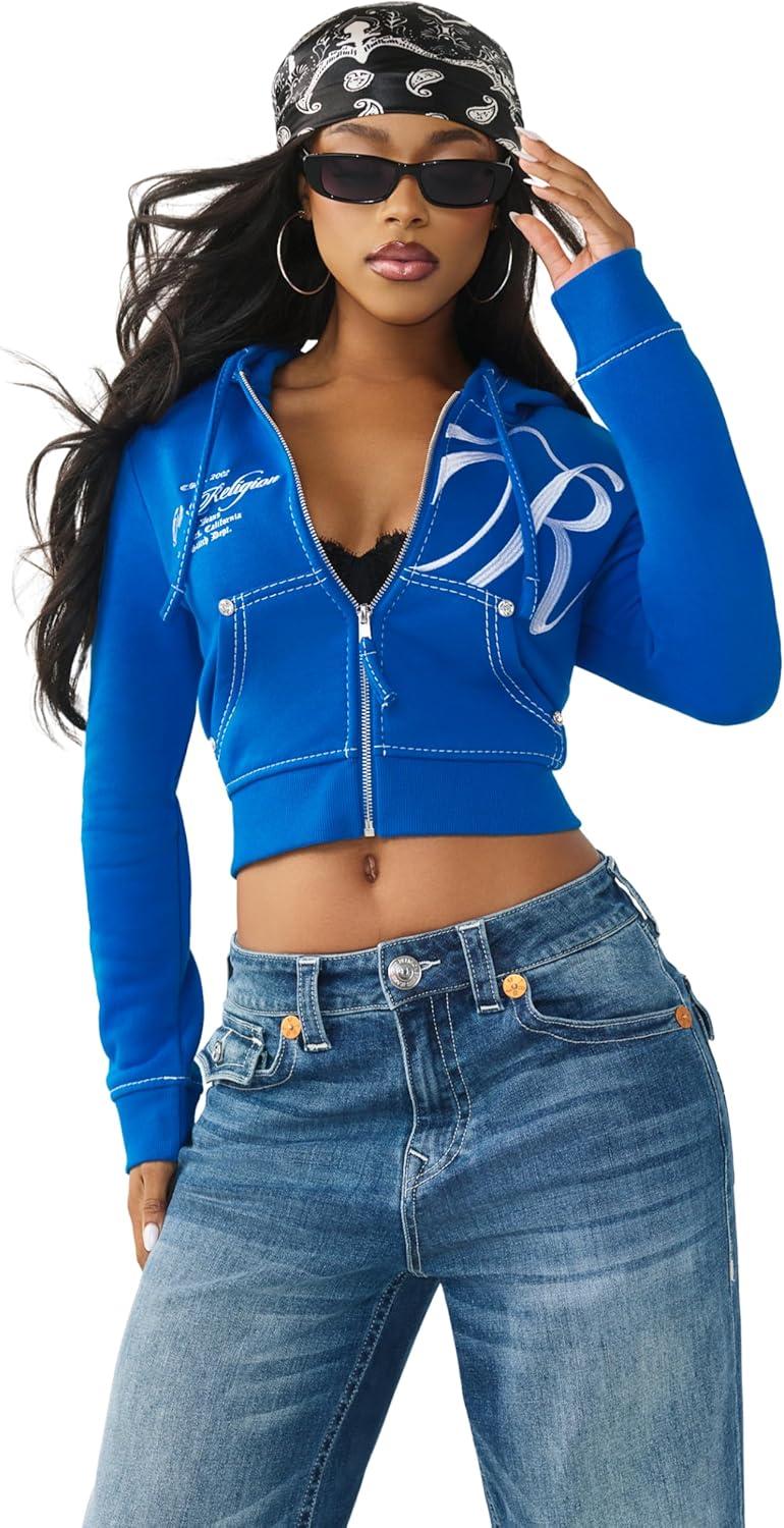 imageTrue Religion Womens Shrunken Big T Zip Hoodie Cropped Fit Split Pockets Horseshoe DetailingSkydiver