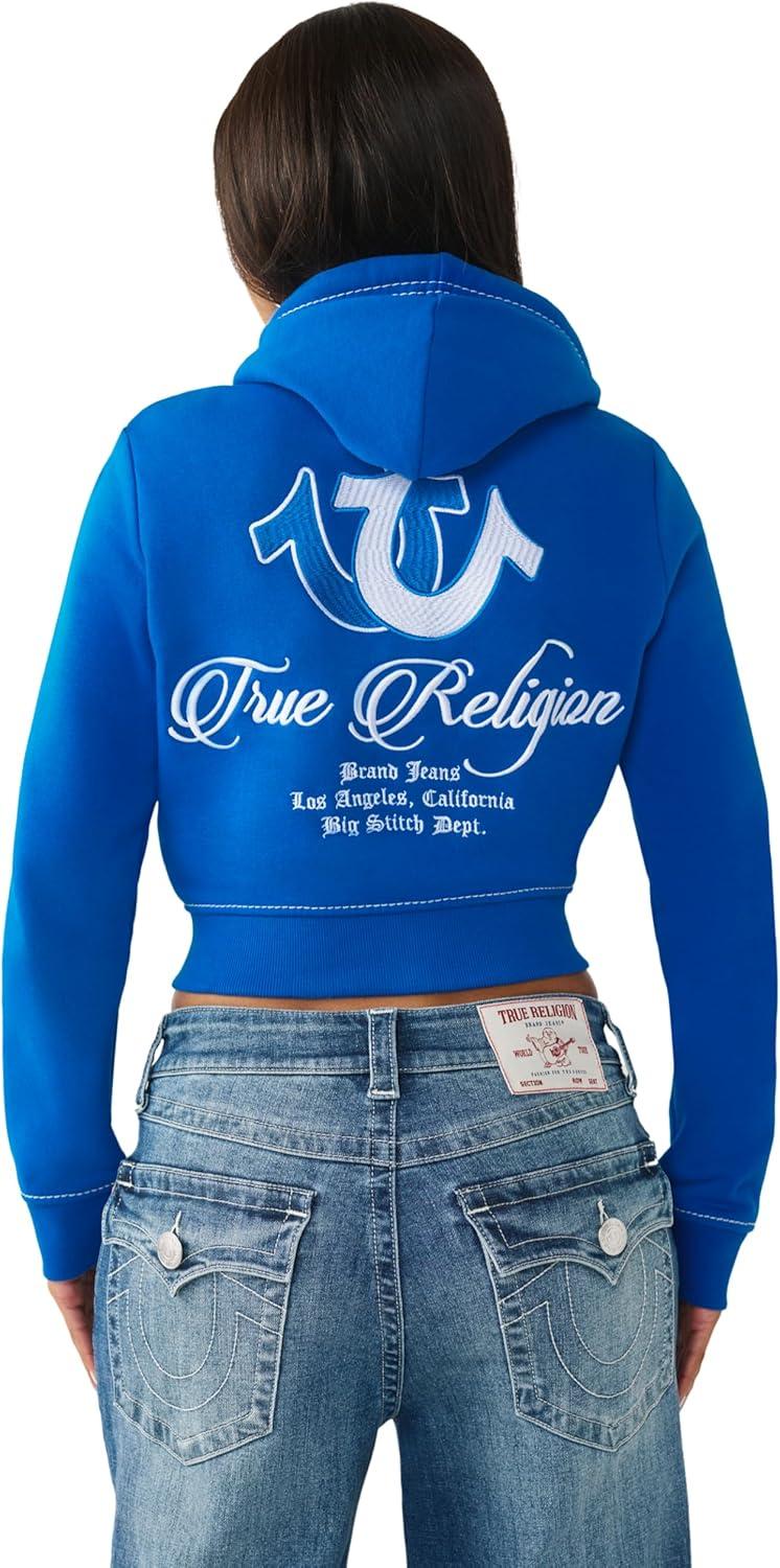 imageTrue Religion Womens Shrunken Big T Zip Hoodie Cropped Fit Split Pockets Horseshoe DetailingSkydiver