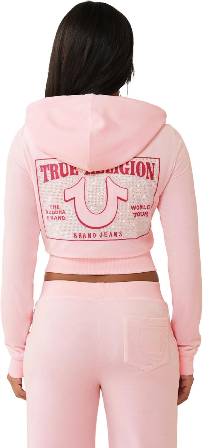 imageTrue Religion Womens Velour Crystal Shrunken Zip Hoodie Soft Velour Cropped Fit Crystal Horseshoe DetailFairytale