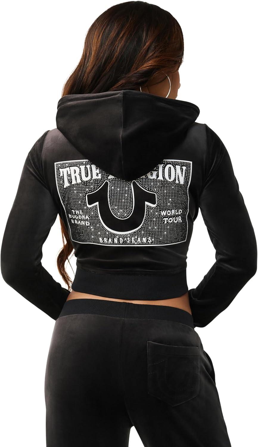 imageTrue Religion Womens Velour Crystal Shrunken Zip Hoodie Soft Velour Cropped Fit Crystal Horseshoe DetailJet Black