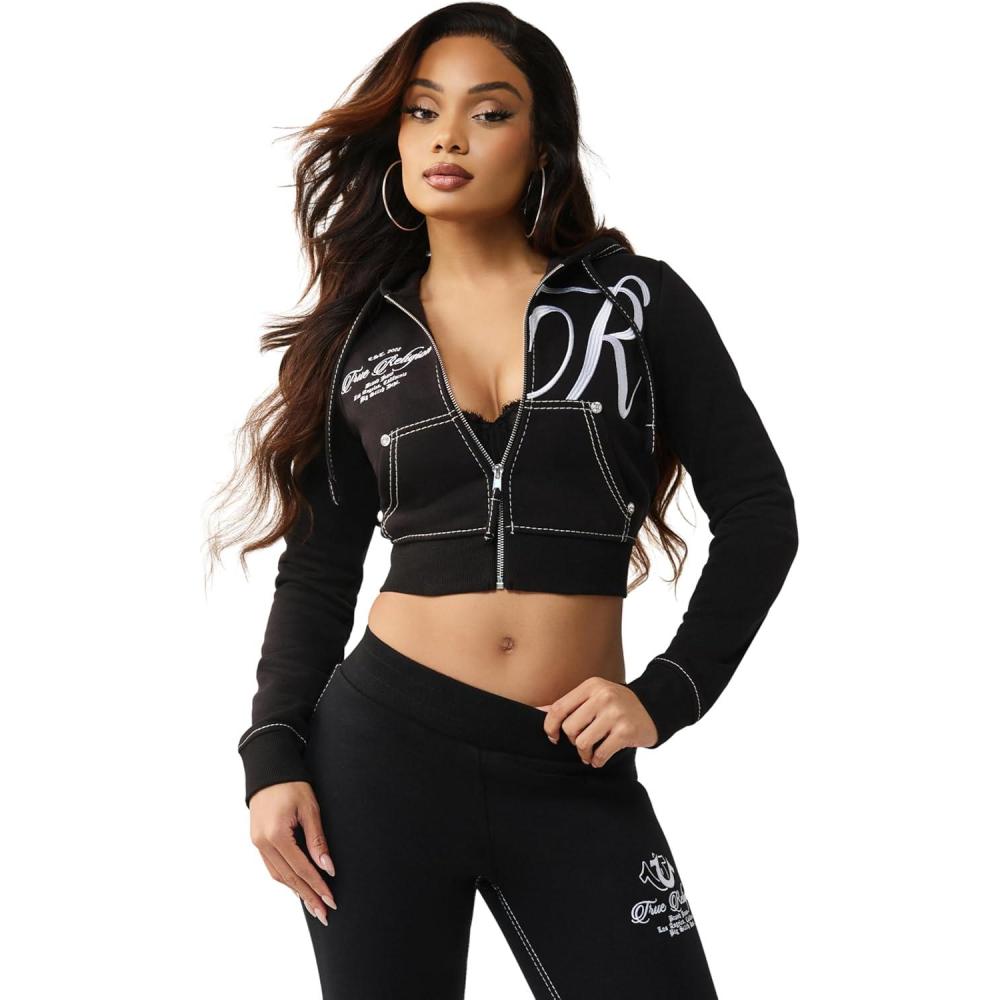 imageTrue Religion Womens Shrunken Big T Zip Hoodie  Cropped Fit Split Pockets Horseshoe DetailingJet Black