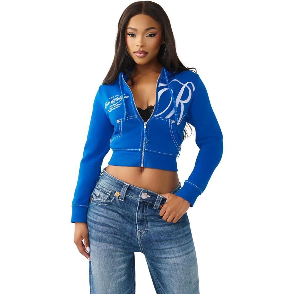 imageTrue Religion Womens Shrunken Big T Zip Hoodie Cropped Fit Split Pockets Horseshoe DetailingSkydiver