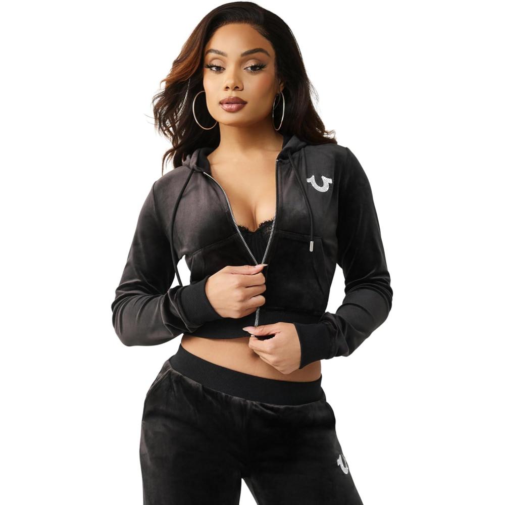 imageTrue Religion Womens Velour Crystal Shrunken Zip Hoodie Soft Velour Cropped Fit Crystal Horseshoe DetailJet Black