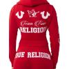 True Religion Women’s Embroidered Shrunken Zip Hoodie – Cropped Fit, Ribbed Hem, Embroidered Horseshoe Logo(Salsa)