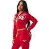 True Religion Women’s Embroidered Shrunken Zip Hoodie – Cropped Fit, Ribbed Hem, Embroidered Horseshoe Logo(Salsa)
