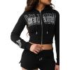 True Religion Women’s Embroidered Shrunken Zip Hoodie – Cropped Fit, Ribbed Hem, Embroidered Logo(Jet Black)