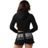 True Religion Women’s Embroidered Shrunken Zip Hoodie – Cropped Fit, Ribbed Hem, Embroidered Logo(Jet Black)