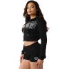 True Religion Women’s Embroidered Shrunken Zip Hoodie – Cropped Fit, Ribbed Hem, Embroidered Logo(Jet Black)