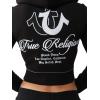 True Religion Women’s Shrunken Big T Zip Hoodie – Cropped Fit, Split Pockets, Horseshoe Detailing(Jet Black)