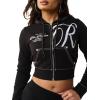 True Religion Women’s Shrunken Big T Zip Hoodie – Cropped Fit, Split Pockets, Horseshoe Detailing(Jet Black)