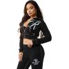 True Religion Women’s Shrunken Big T Zip Hoodie – Cropped Fit, Split Pockets, Horseshoe Detailing(Jet Black)