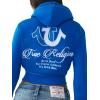 True Religion Women’s Shrunken Big T Zip Hoodie – Cropped Fit, Split Pockets, Horseshoe Detailing(Skydiver)