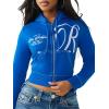 True Religion Women’s Shrunken Big T Zip Hoodie – Cropped Fit, Split Pockets, Horseshoe Detailing(Skydiver)