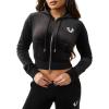 True Religion Women’s Velour Crystal Shrunken Zip Hoodie – Soft Velour, Cropped Fit, Crystal Horseshoe Detail(Jet Black)