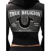 True Religion Women’s Velour Crystal Shrunken Zip Hoodie – Soft Velour, Cropped Fit, Crystal Horseshoe Detail(Jet Black)